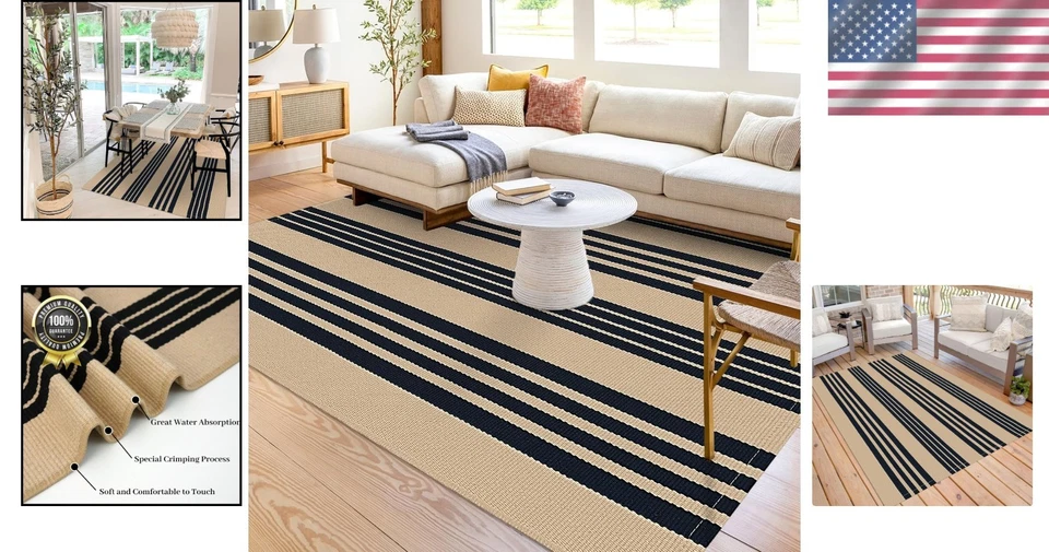 Versátil alfombra de algodón tejida a mano marrón y negra 5x7 pies - uso en interiores/exteriores Foto 2 de 4