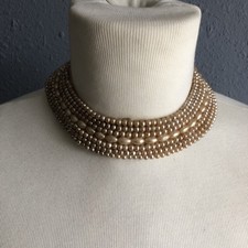 Vintage Antiqued Bead Faux Pearls Necklace Collar Mid Century Art Deco
