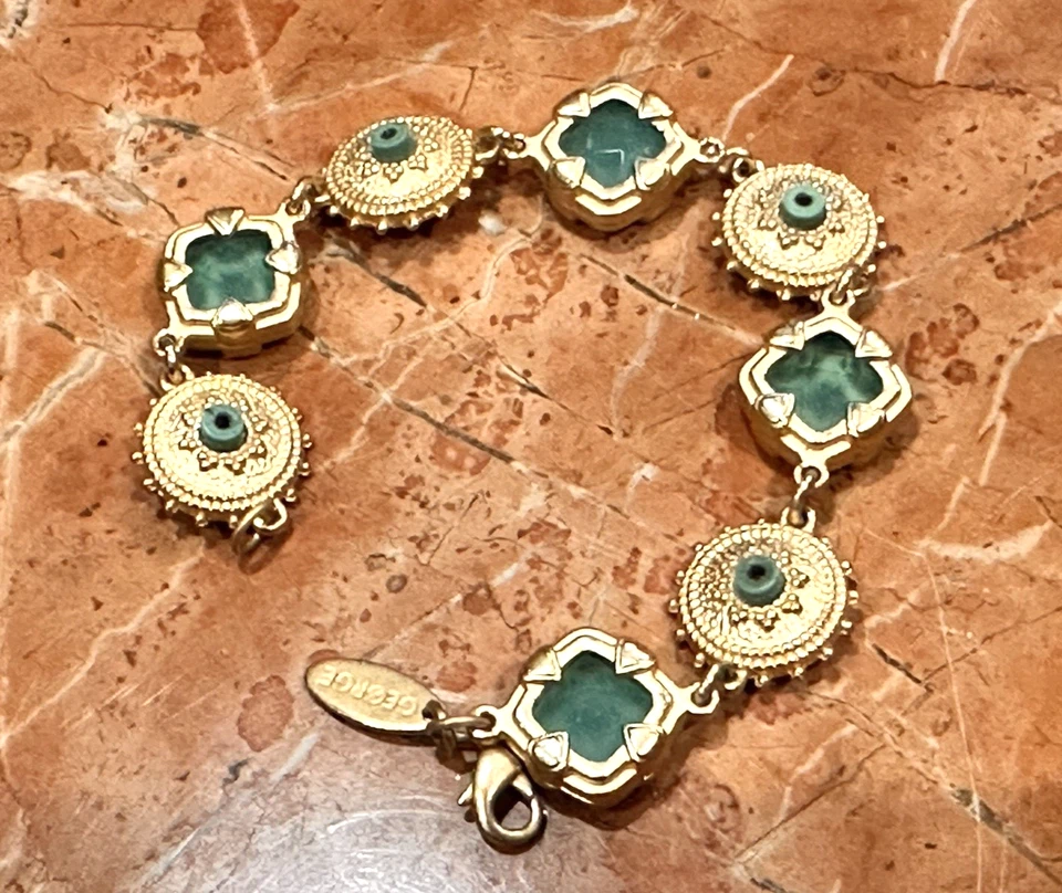 PULSERA GEORGE TURQUESA VERDE MATE ORO MEDALLÓN DISCO CADENA 7.5" USADA EN EXCELENTE ESTADO Foto 3 de 4