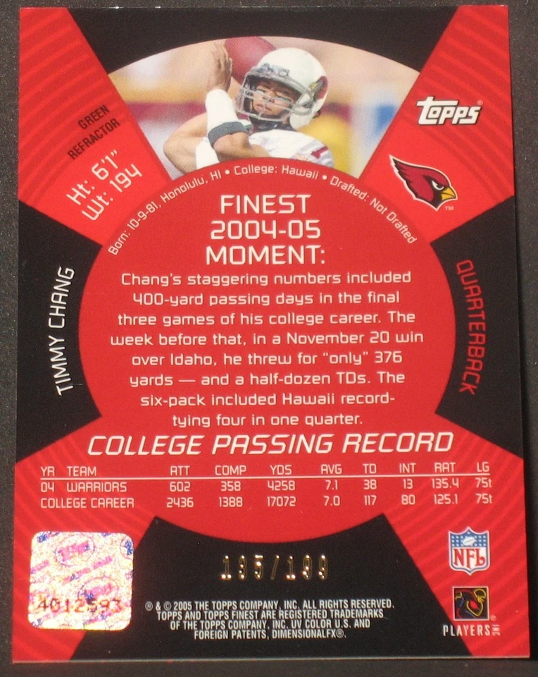 Timmy Chang 2005 Topps Finest Green Refractor Autograph Rookie (135/199) Hawaii - Image 2 of 2