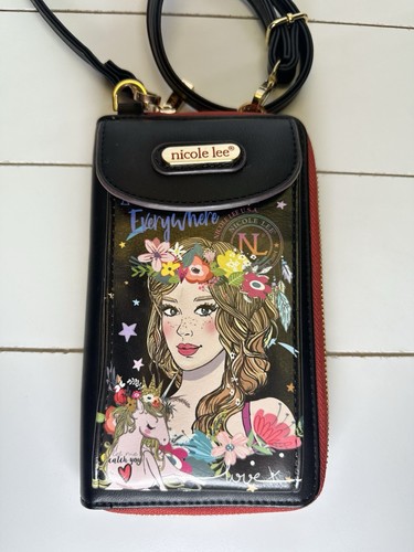 Nicole Lee USA Hollywood Zip Wallet Crossbody Purse Unicorn Floral Black - Picture 2 of 11