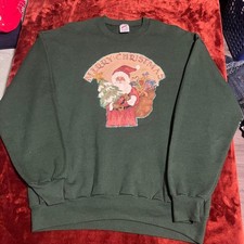 Jerzees Merry Christmas Santa Claus Green Crewneck Sweatshirt XL