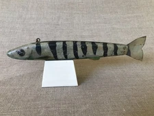 Ice Spearing Fishing Decoy, Hand Carved and Painted Muskie, 1930-40's.