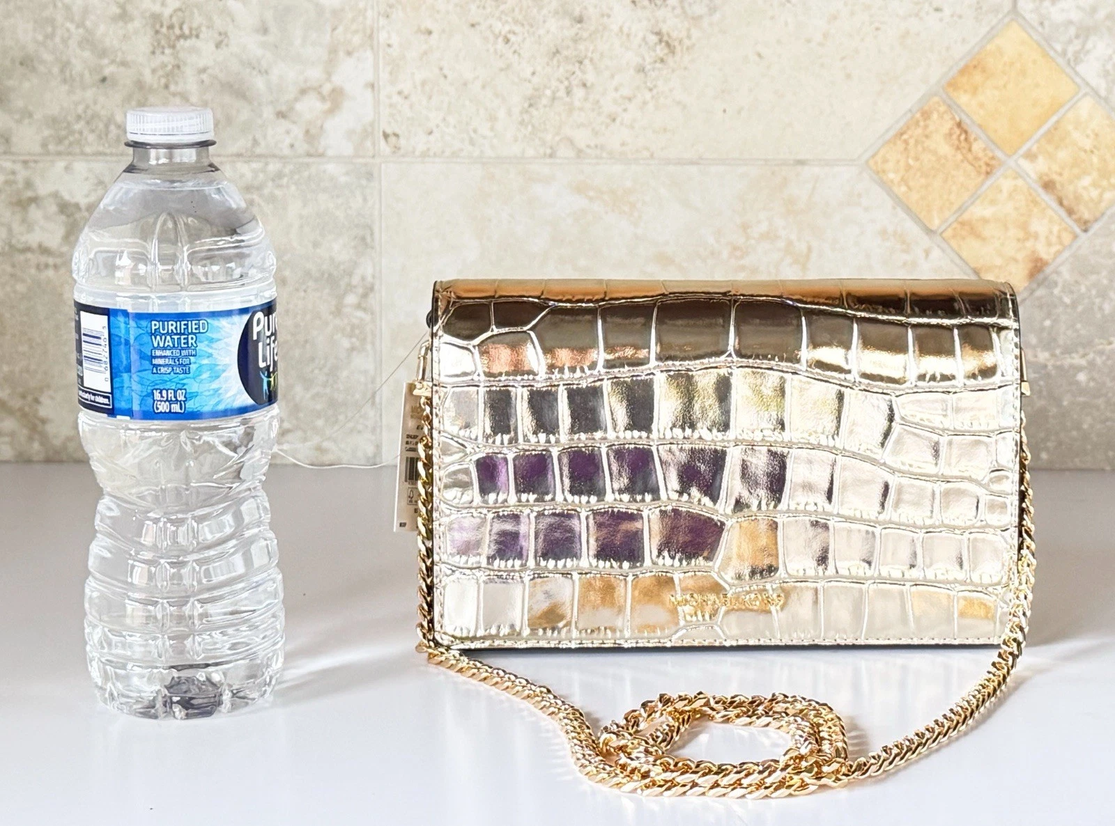 BORSA A TRACOLLA MICHAEL KORS JET SET MD PATTA CATENA PELLE GOFFRATA ORO PALLIDO