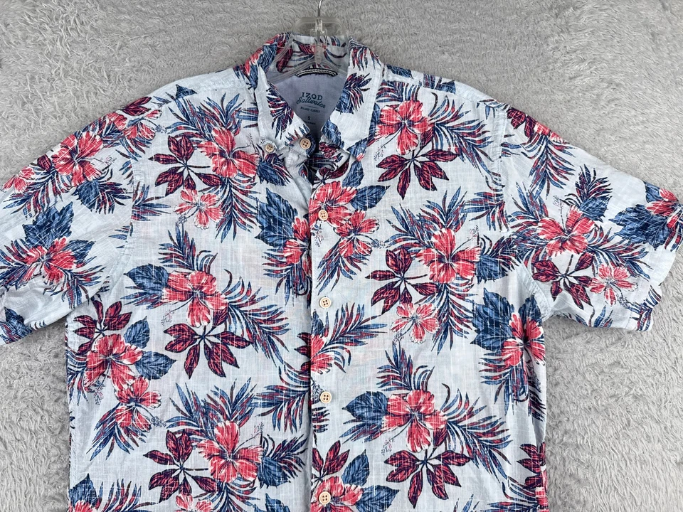 IZOD Saltwater Shirt Men Small Blue Floral Leaf Button Up Cotton Blend Hawaiian - Image 4 of 4