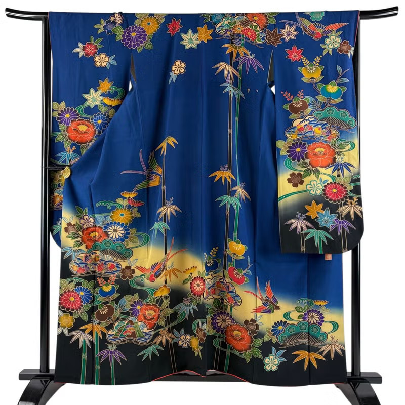 KANA　インディゴ24 JAPANESE KIMONO FURISODE Indigo 159cm 5 ft 3 in PURE SILK AA9865