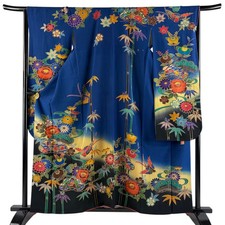 JAPANESE KIMONO FURISODE Indigo 159cm 5 ft 3 in PURE SILK AA9865