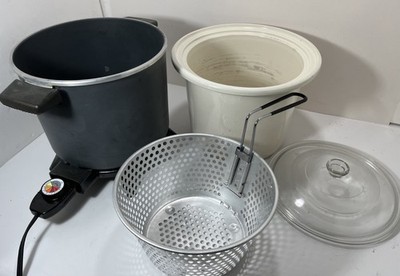 DAZEY Chef's Pot MULTI-COOKER Deep Fryer Steamer Slow Cooker White Stoneware Lid