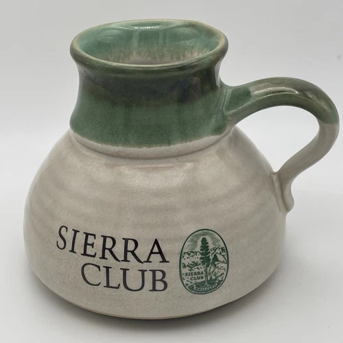 Sierra Club Hand Thrown Glazed No Spill Wide Bottom Mug Cup Tan Green Travel