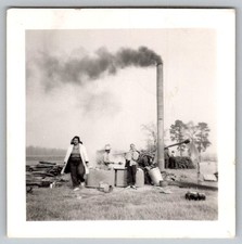 Vtg Snapshot Family Outdoor With Smokestack 1940s
