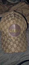 Large Vintage Beige Gucci Baseball Hat With Round Leather Logo 