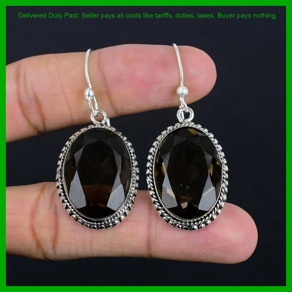 925 Sterling Silver Oval Natural Smoky Quartz Dangle Drop Hook Vintage Earrings - Image 2 of 4