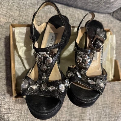 JIMMY CHOO Sandales Mules À Semelle Compensée En Pierre Noir Taille 36 - Photo 1/4