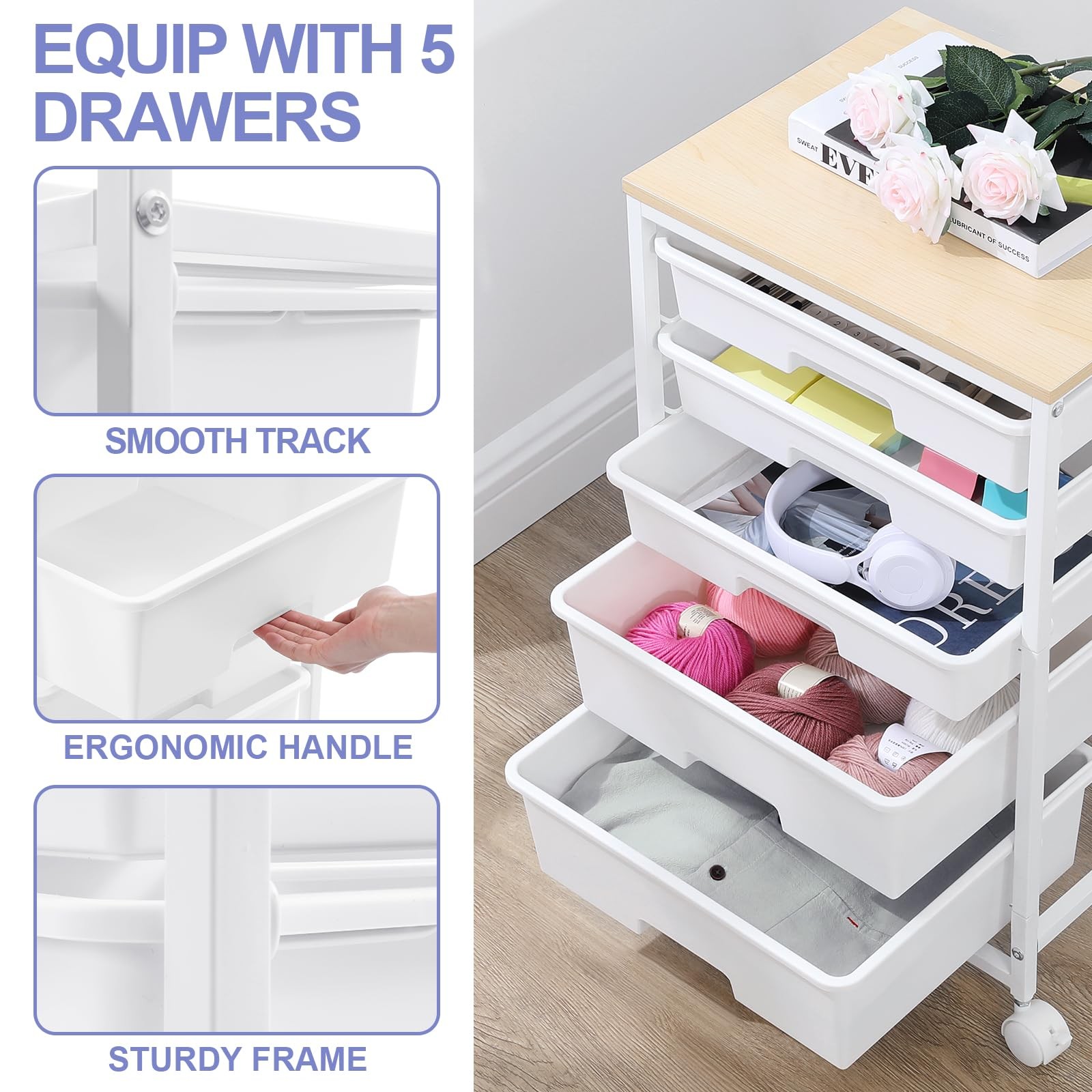 Utility Cart with 5 Drawers,Storage Drawer Cart with Wooden Tabletop and Lock...