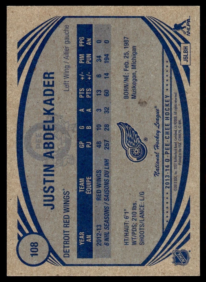 2013-14 O-Pee-Chee Retro Justin Abdelkader Detroit Red Wings #108 - Image 2 of 2
