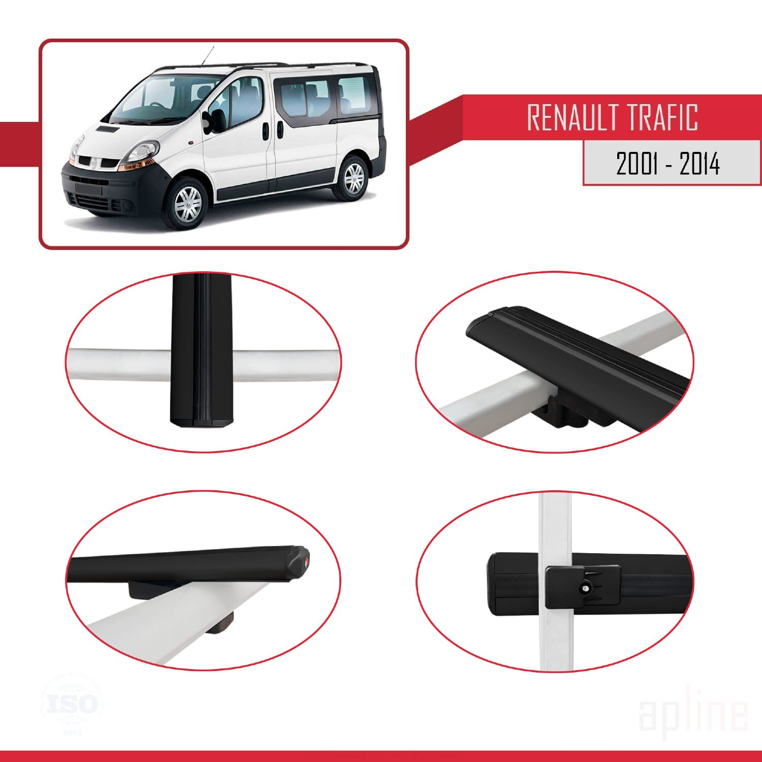 Barres de toit robustes en aluminium noir BASIC pour utilitaire Renault Trafic - 4