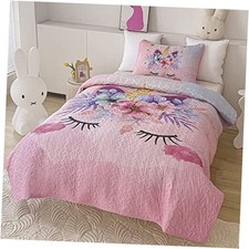 Quilt Set for Girls 2-Piece Pink Unicorn Kids Twin Size Unicorn  Stars