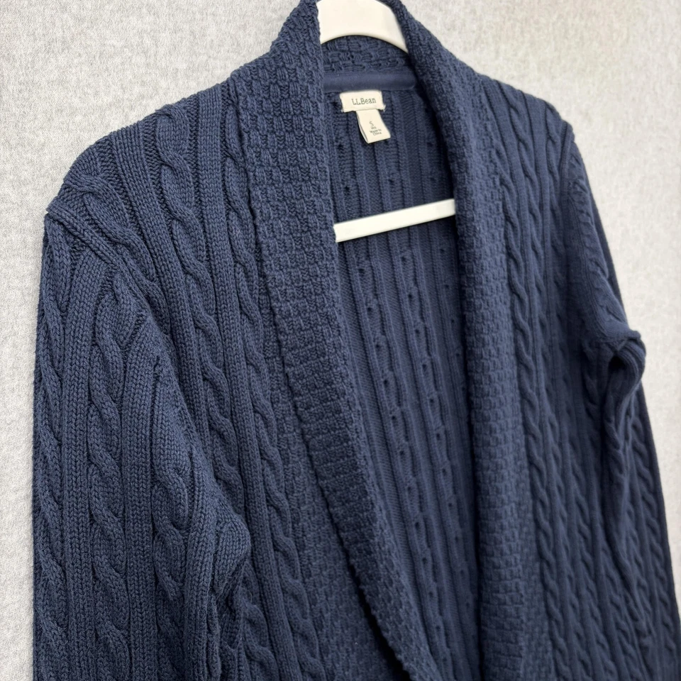 LL Bean свитер женщин маленький темно-синий кабель трикотажа шаль воротник открытый передний кардиган - Изображение 4 из 4