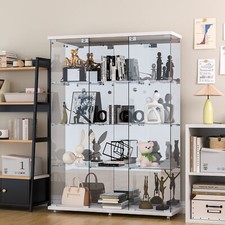 Glass Display Cabinet W/Mirror 4 Shelves 3 Columns Storage Case For Curio White