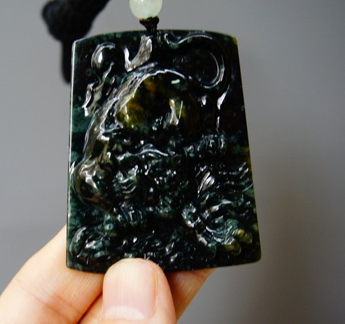 Certified Grade A Natural Black Green Guatemal Jade jadeite Tiger Pendant 2178 - Picture 4 of 11