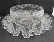 Punchbowl Set 12 Cups & Hangers THUMBPRINT Cuts Leaves Pattern Modern Look EUC