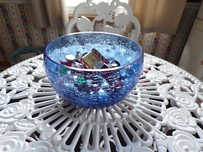 Handblown Cobalt Blue Crackle Glass Bowl Vase Decor Thick Heavy 4 3/4 h 7'' Acros