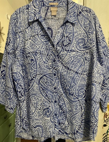 Chico's No-Iron 100% Linen Paisley Shades Of Blue Button Up Shirt Size 3XL Beach