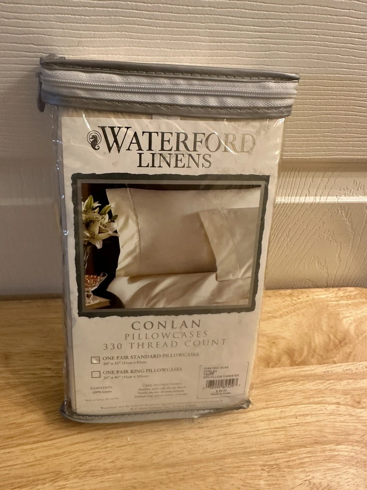 Fundas de almohada estándar Waterford Linens Conlan Taupe 330TC nuevas en paquete Foto 4 de 4