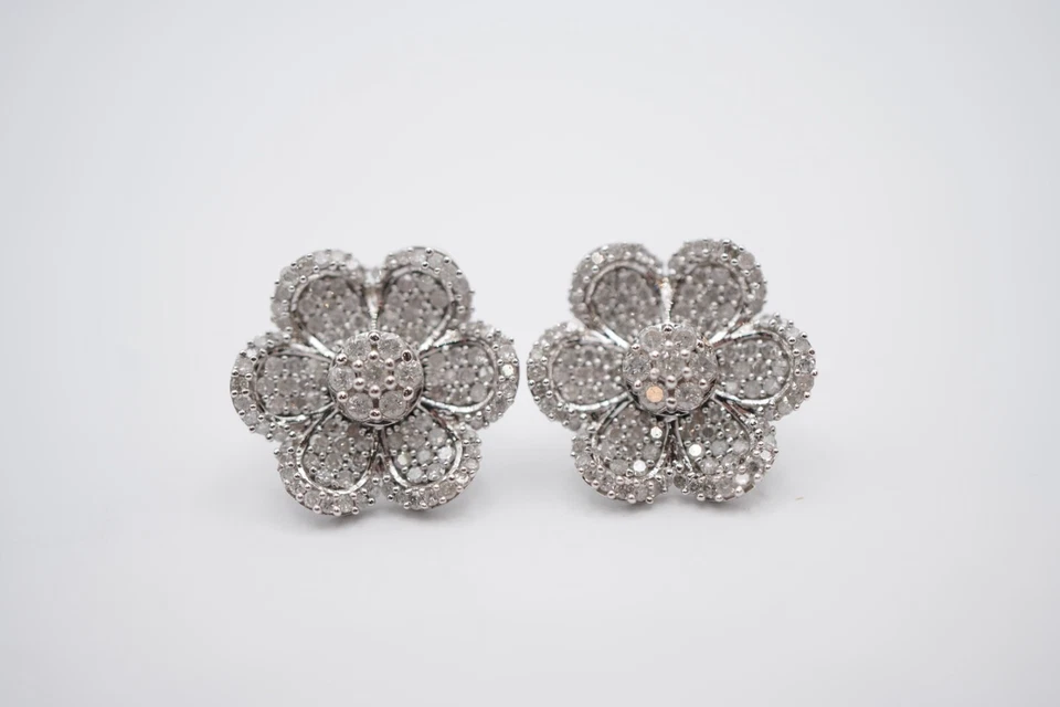 10k White Gold Diamond Cluster Flower Earrings 16mm Wide Prong Set - Image 3 of 4