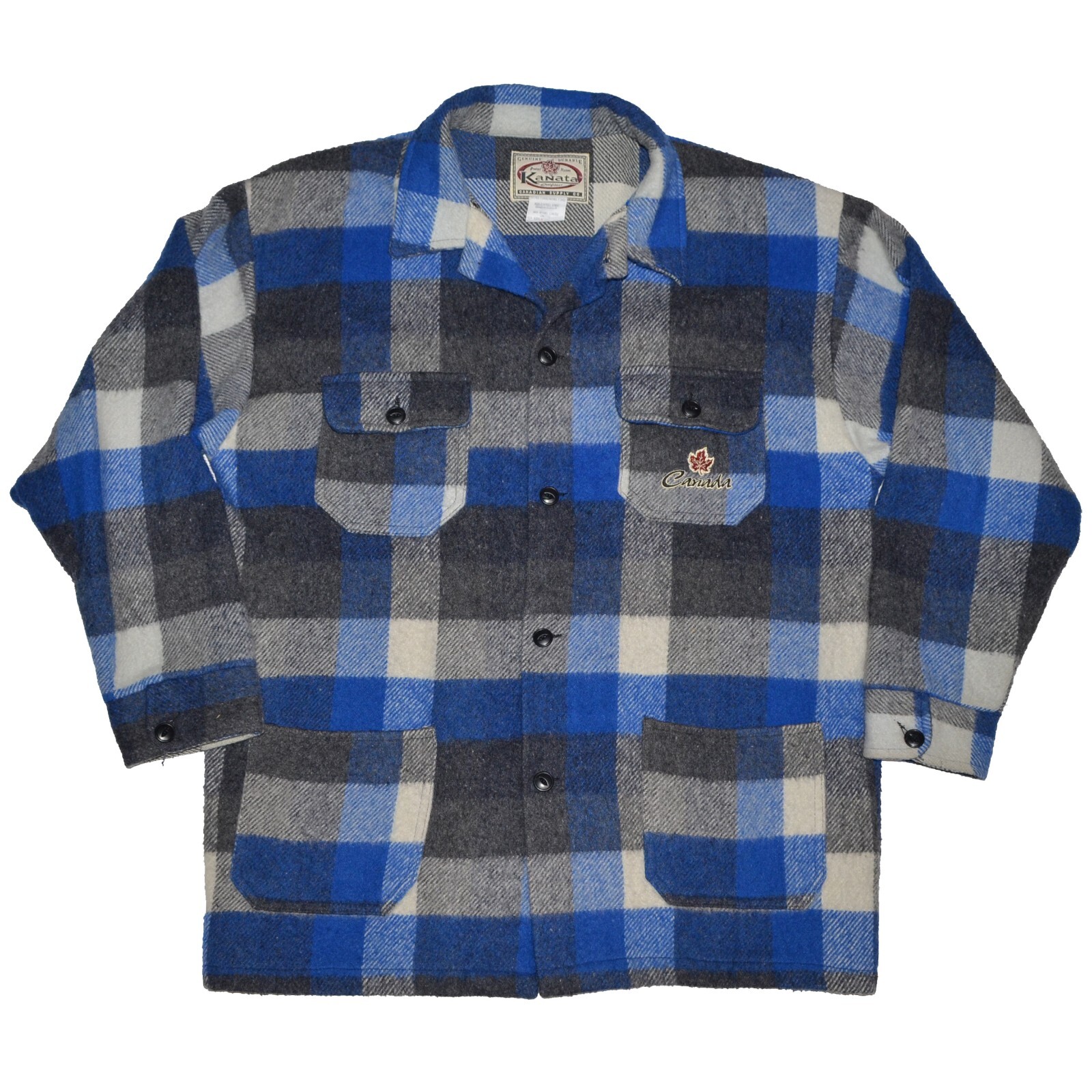 KANATA Vintage Wool Mackinaw Jacket Men's size Large Blue Buffalo Plaid