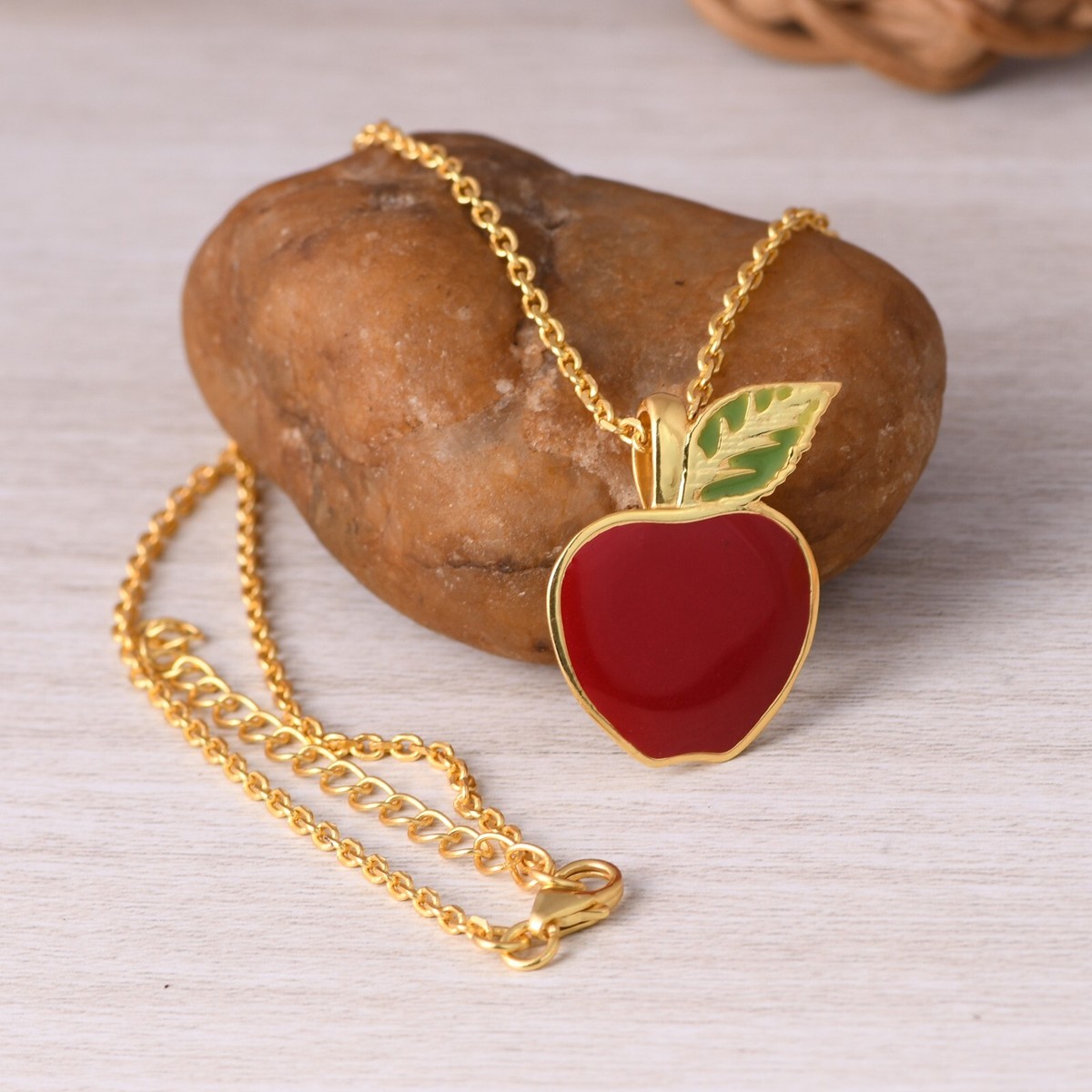 Apple Pendent Necklace In Gold Plated 18 In Chain Red Enamel Kids Fruit  Jewelry