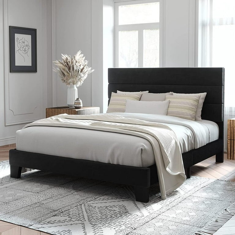 Velvet Upholstered Queen Bed Frame With Stylish Headboard-image