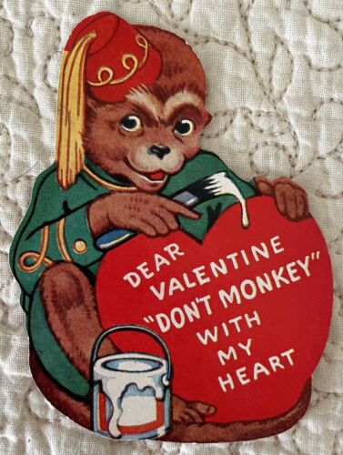 Vintage Valentine Monkey Hat Tassel Paint Brush Heart Greeting Card 1930s 1940s - Picture 1 of 2