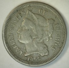 1865 Nickel Three Cents Coin 3c US Type Copper Nickel Circulated FINE Condition