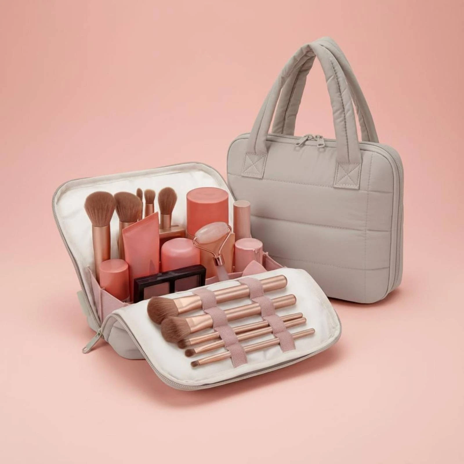 Folding Makeup Bag Wide-Opening Opening Brush Organizer Bag Soft Quilted