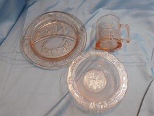 Vintage Indiana Glass Tiara Pink Child's Nursery Rhyme 3 Pieces Plate/Bowl/Cup