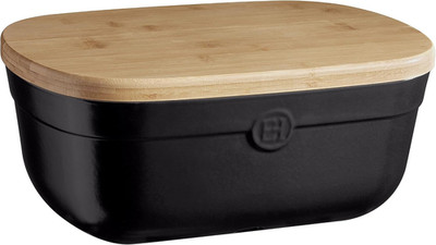 14'' Ceramic Bread Box + Wood Lid, Black Truffle