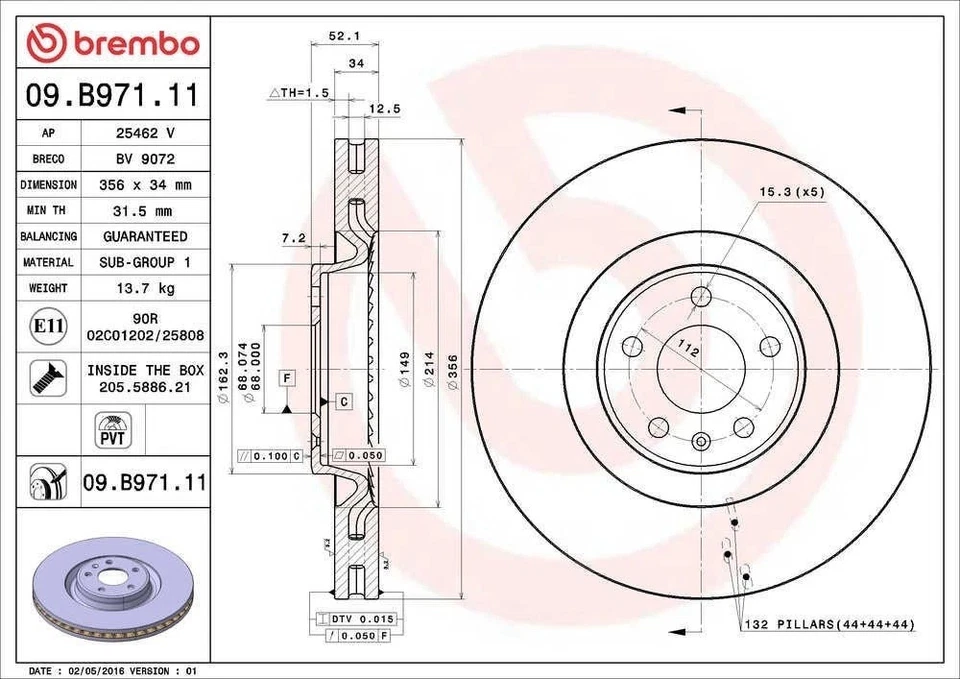 Brembo 09.B971.11 Rotors -Premium UV Coated - Fits 2012-18 Audi A6, A7 - Image 3 of 3
