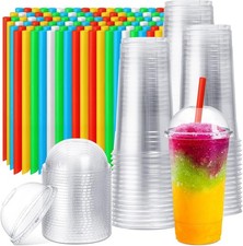 100 Sets 32 oz Clear Plastic Cups with Dome Lids and Colorful Straws, Disposable
