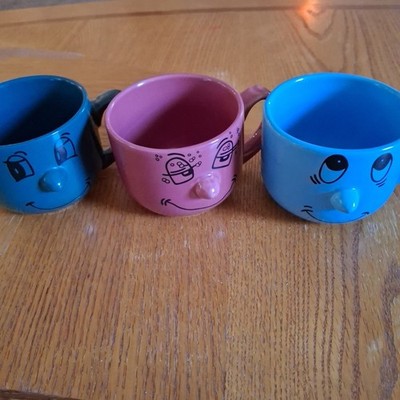 Set Of 3 Ceramic Livingware Silly Face Coffee Mugs Tea Cocoa Cups 3D Nose Handle