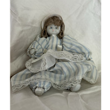 Soft Body Cloth Baby Girl Doll Brown Eyes Curly Hair Blue Stripe Dress Hat