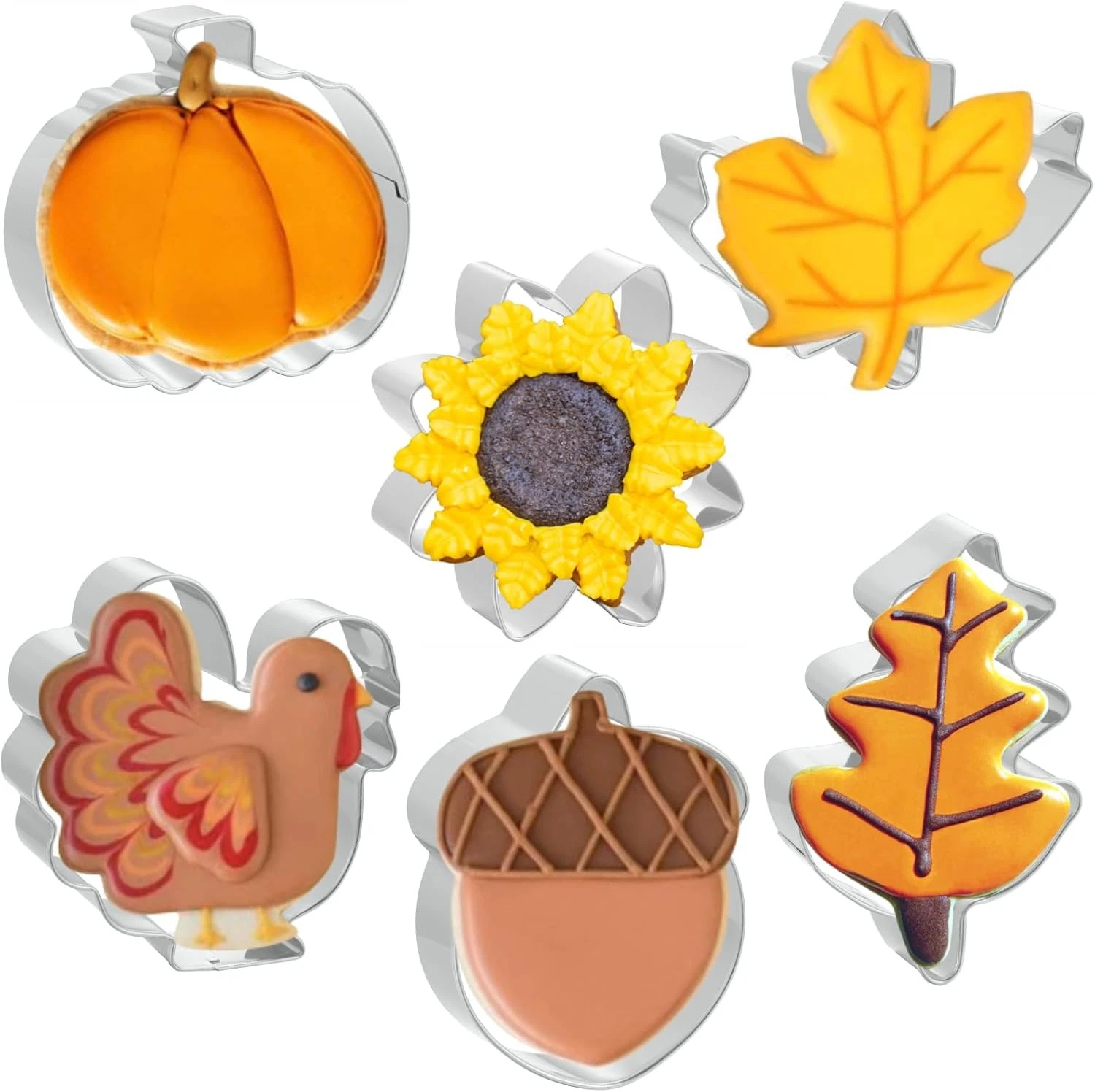 Fall Thanksgiving Cookie Cutters 6 PCS, 3'' to 3.5'', Pumpkin, Leaf, Silver 