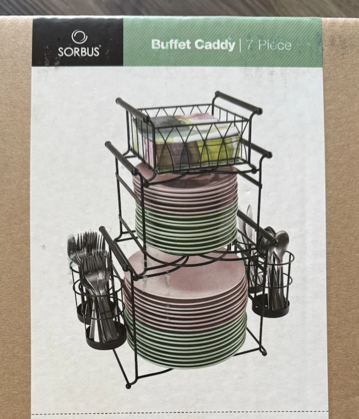 Sorbus Buffet Caddy 3 Niveles Negro Acero al Carbono Apilable 7 Piezas Juego Desmontable Foto 2 de 4