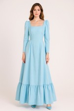 Vintage 70s Prairie Maxi Dress S Blue Cottagecore Lace Ruffle Victorian Revival