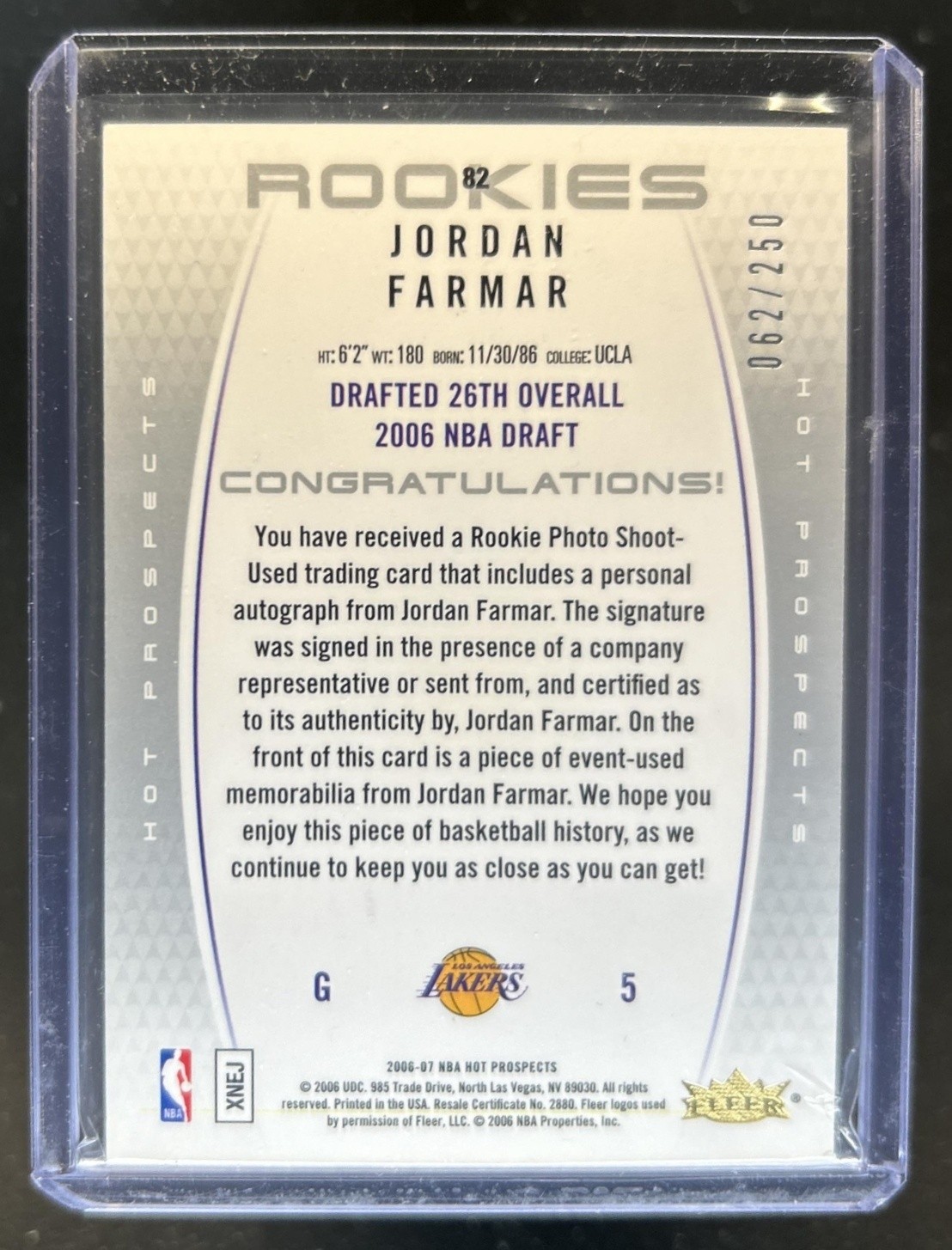 2006-07 Fleer Hot Prospects Jordan Farmar Rookie RC Auto Autograph #/250 Lakers view 2