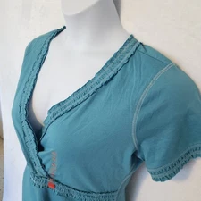 Esprit NWT Women's 1X Faux Wrap V Neck Blue Ruffle T-Shirt Top