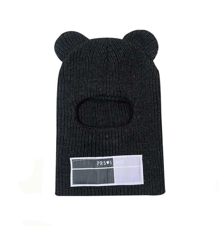Topwon Bear Ear Women Man Winter Ski Mask Knitted Y2K 7-7 1/2, Black