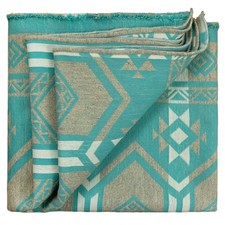 Handwoven Soft Warm Heavy Thick Llama Wool Blanket - Turquoise/Sand 95x79 in