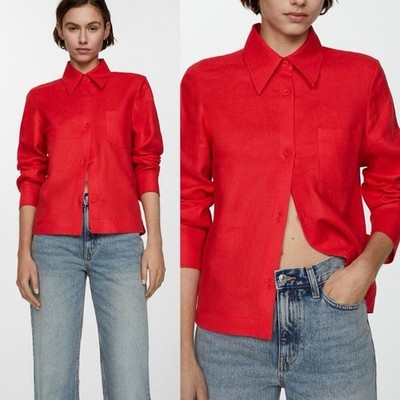 Mango MNG Tomato Red 100% Linen Blouse Button Down Top XS 2