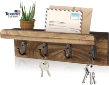 Rustic Key Holder for Wall, Farmhouse Wall Shelf with 4 Hooks, Wall Mounted Key 